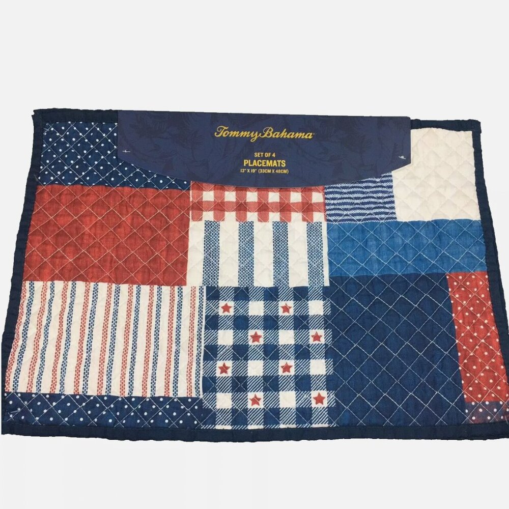 x4 Tommy Bahama Patriotic Quilted Patchwork Placemat Set Star Stripes July 4th